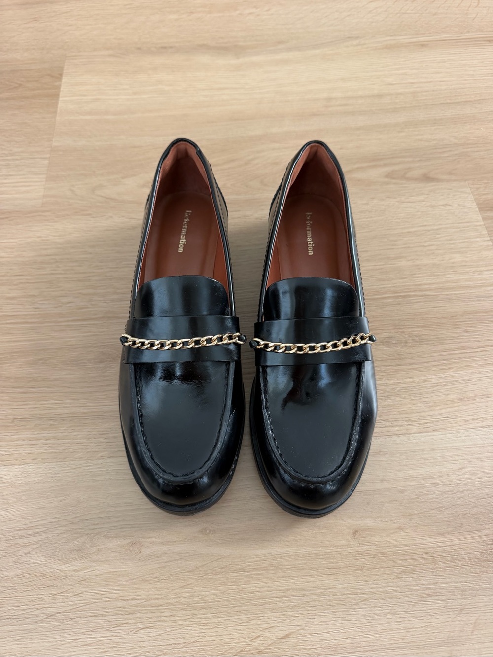 Reformation Black Patent Leather Loafers with Gold Chain